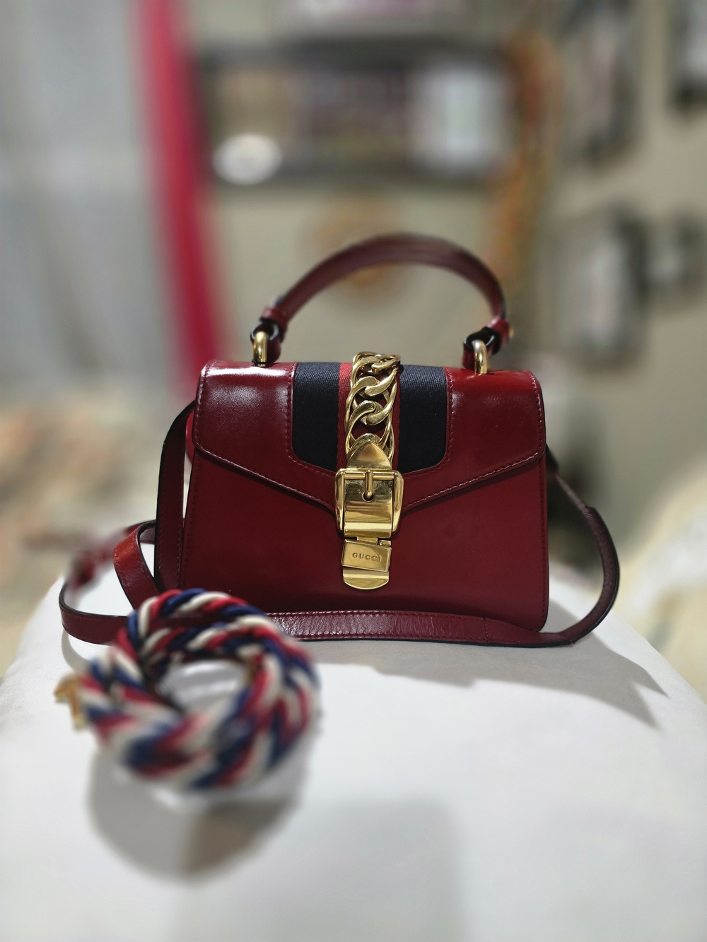 Gucci Red Sylvie Leather Mini Top-Handle Bag with Gold Chain Accent